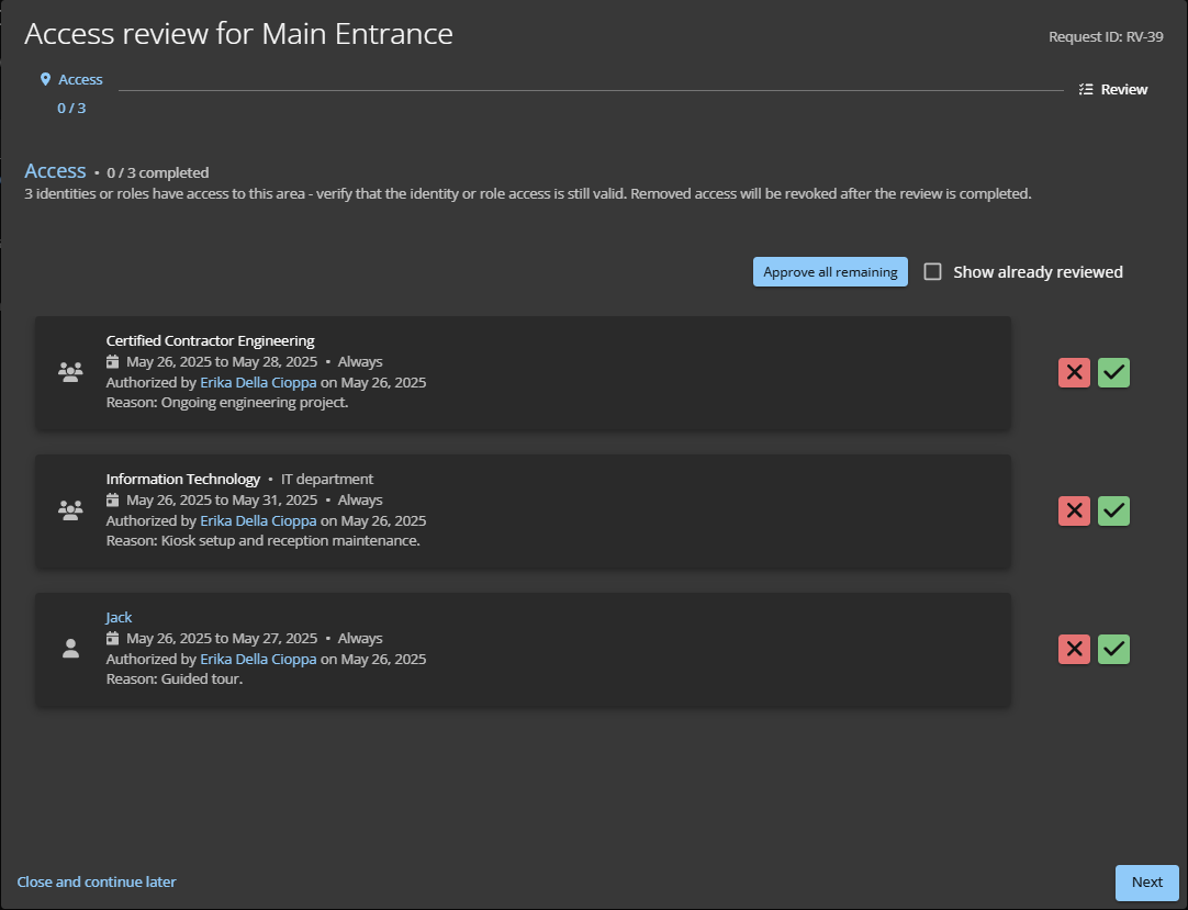 Sección de acceso de una revisión de acceso al área en ClearID.