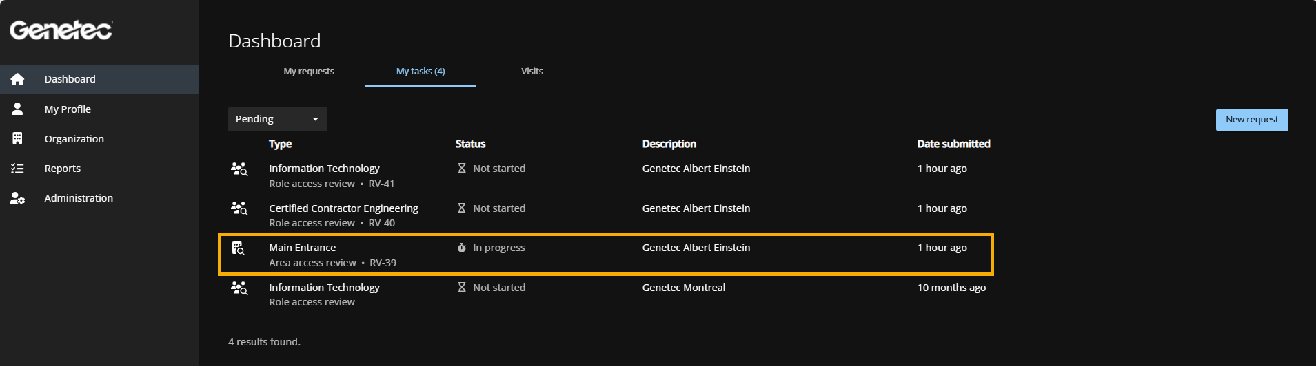 Lista de Mis tareas en Genetec ClearID™ con una revisión de acceso al área resaltada.
