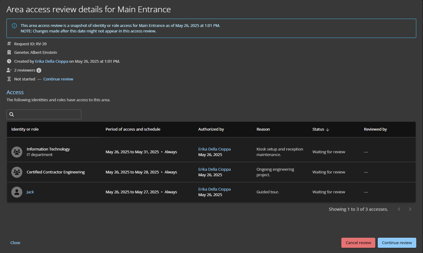 Sección de detalles de una revisión de acceso al área en ClearID.