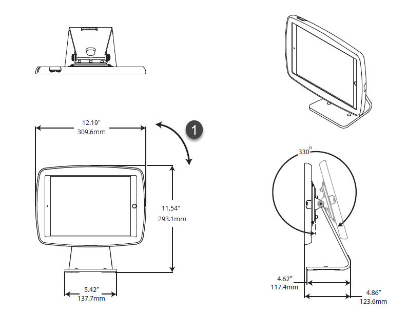 Un diagrama con especificaciones para el soporte de mesa para ClearID Self-Service Kiosk.