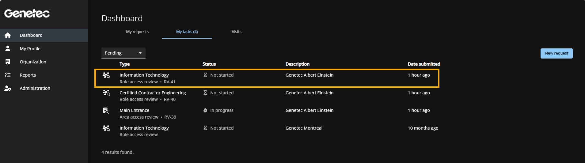 Lista de Mis tareas en ClearID con una revisión de acceso a la función resaltada.