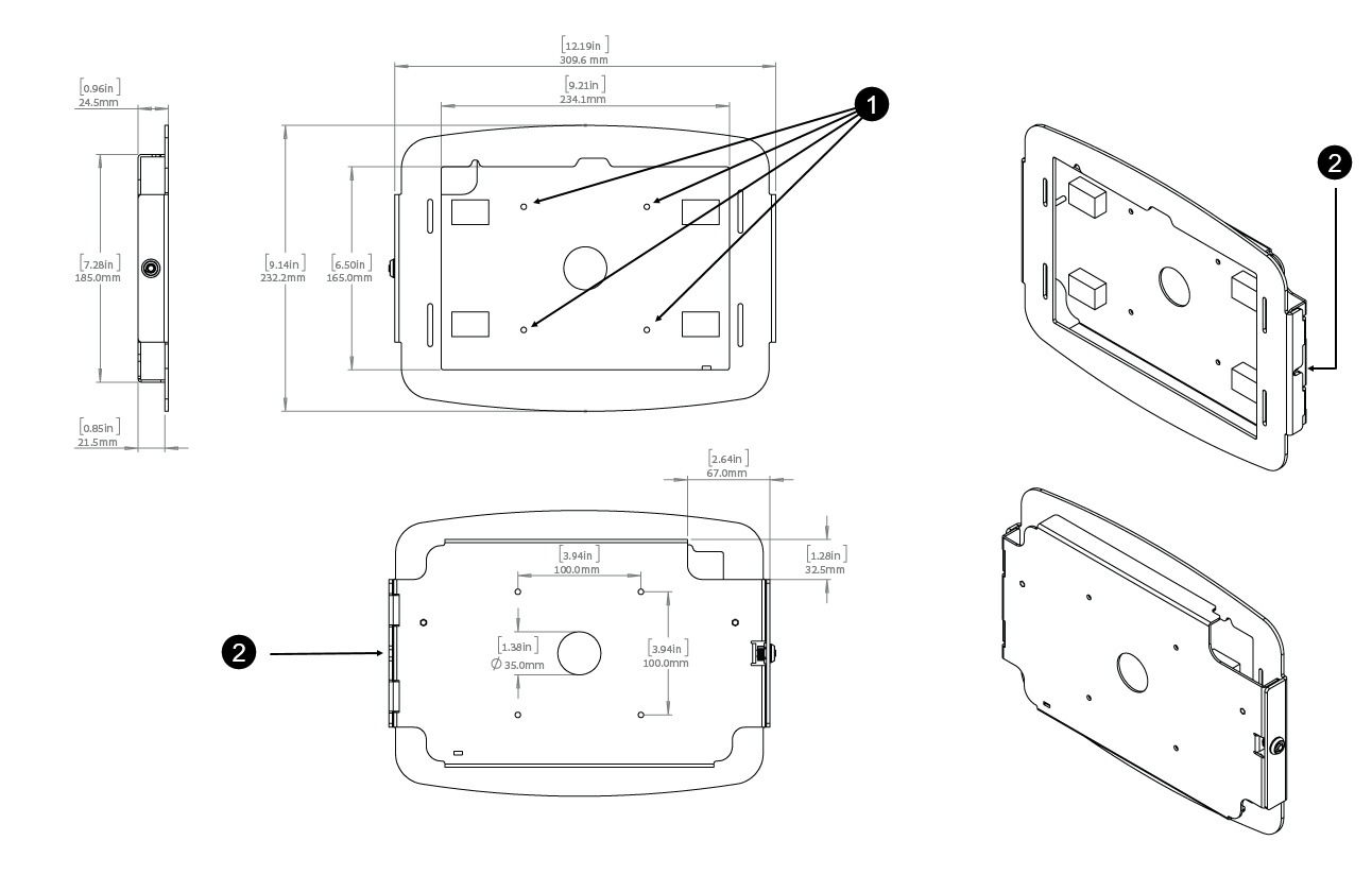 Diagrama del soporte de piso del quiosco de autoservicio ClearID que muestra las dimensiones.