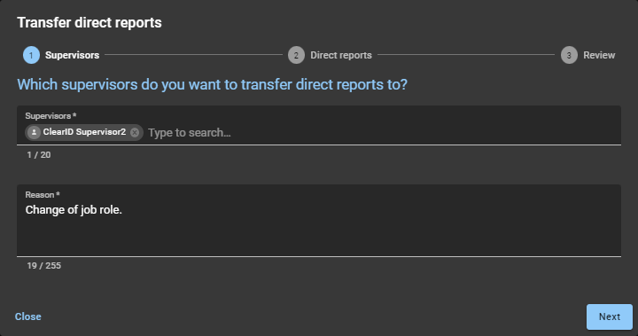 Cuadro de diálogo Transferir subordinados directos en ClearID, que muestra la sección Supervisores con los campos completados.
