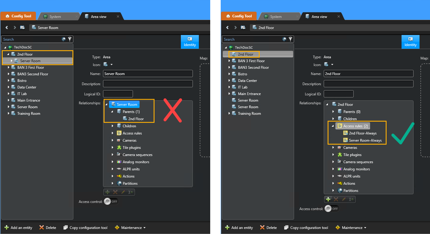 Vista del área en Config Tool que muestra dos ejemplos de relaciones de áreas anidadas.