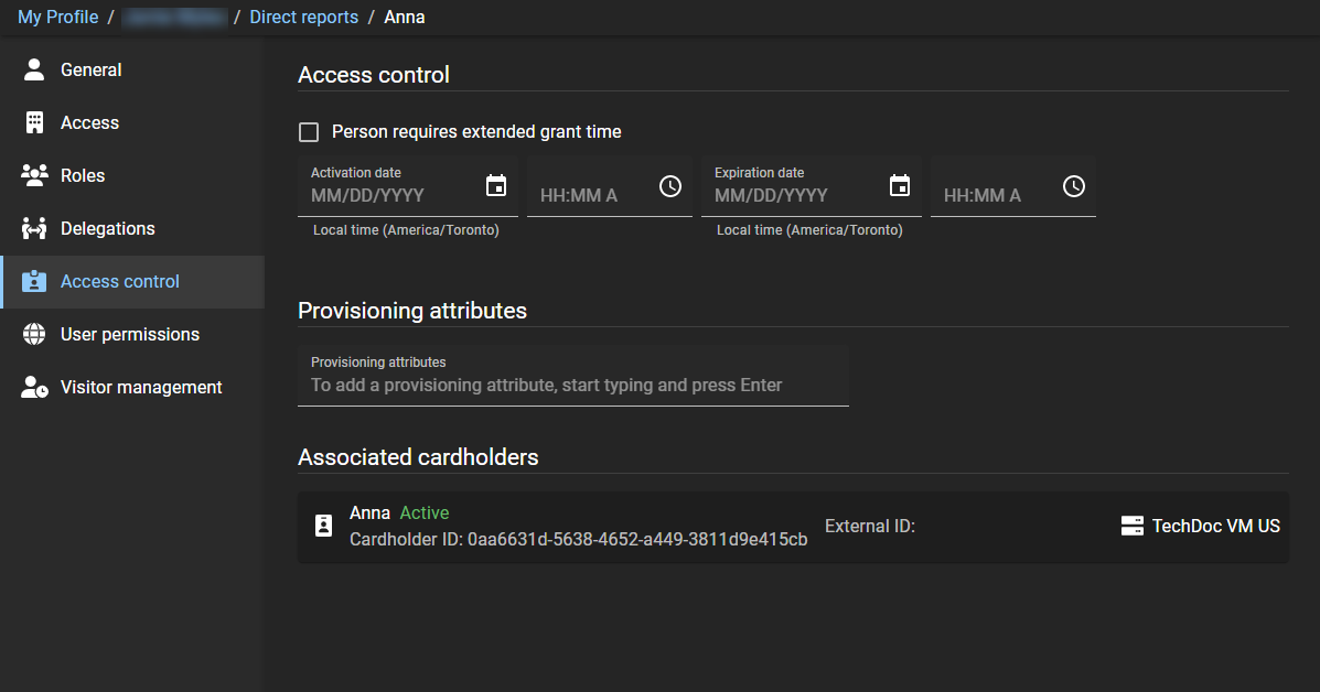 Página de control de acceso en ClearID con la configuración de control de acceso para un subordinado inmediato.