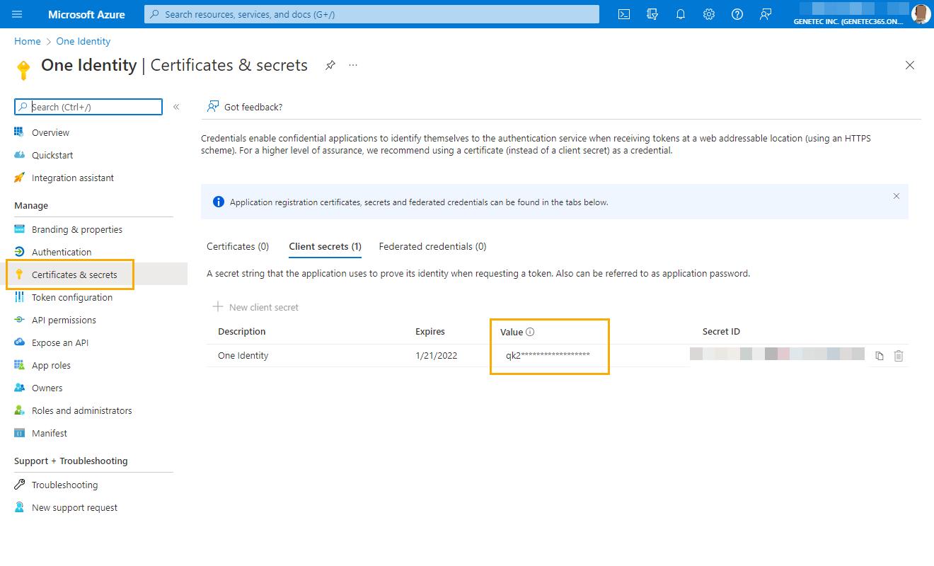 Página de certificados y secretos en Microsoft Azure que muestra la aplicación One Identity con el valor del secreto del Cliente resaltado.