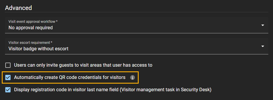 Sección de configuración avanzada de la página de administración de visitantes en ClearID con la opción Crear credenciales de código QR para los visitantes de forma automática seleccionada.