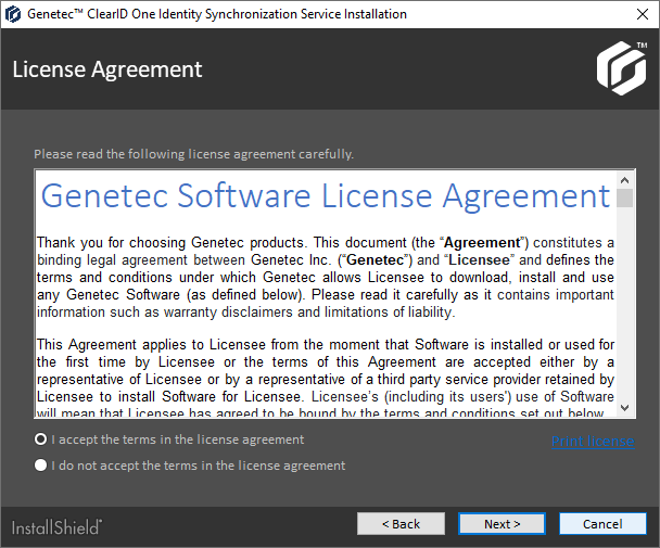 Cuadro de diálogo de instalación de ClearID One Identity Synchronization Tool que muestra la configuración del acuerdo de licencia de software Genetec™.