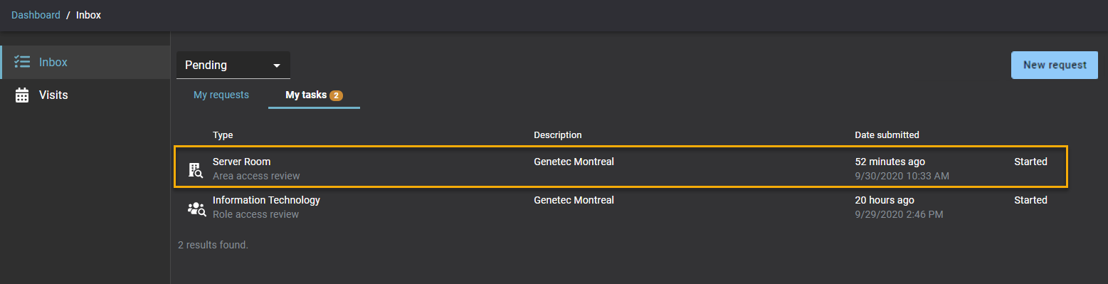 Lista de Mis tareas en Genetec ClearID™ con una revisión de acceso al área resaltada.