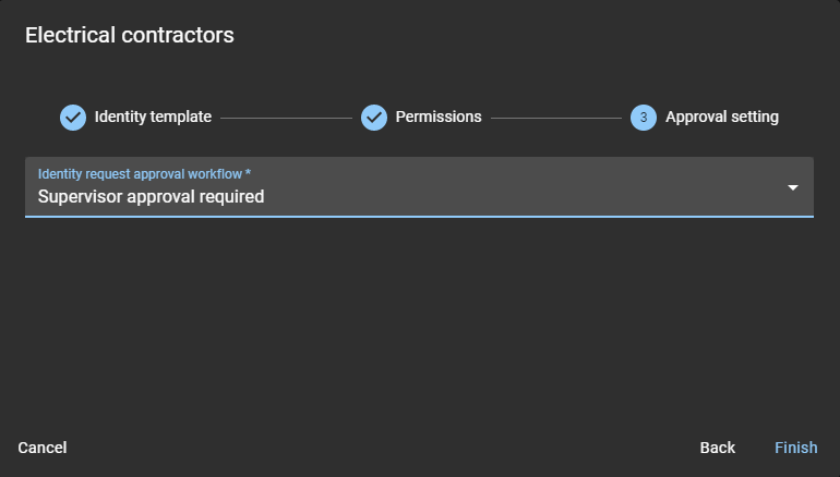 Asistente de plantillas de identidad en ClearID que muestra la configuración de Aprobación con la Aprobación de supervisor especificada.