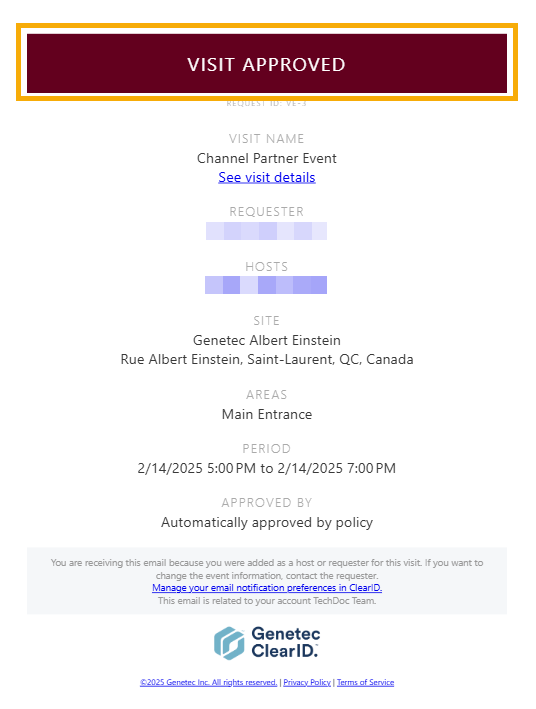 Un e-mail d'approbation de visite de ClearID soulignant la bannière.