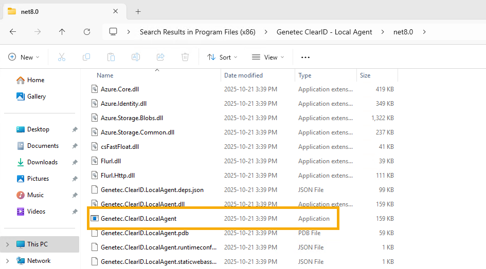 Le fichier d'application Genetec.ClearID.LocalAgent dans l'explorateur de fichiers Windows.