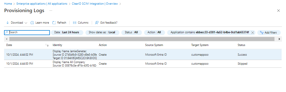 Page Journaux d'approvisionnement dans la section Applications d’entreprise du portail Microsoft Azure, affichant des informations détaillées sur la synchronisation des identifiants et l’heure de fin de chaque action.