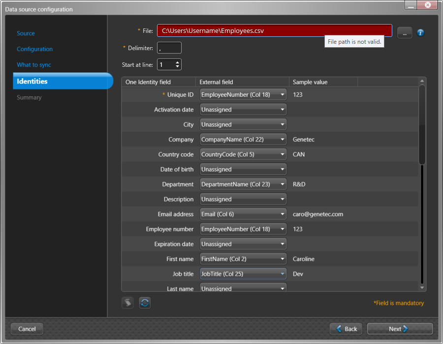 Boîte de dialogue de configuration des données sources dans ClearID One Identity Synchronization Tool affichant le message d’erreur chemin de fichier non valable.