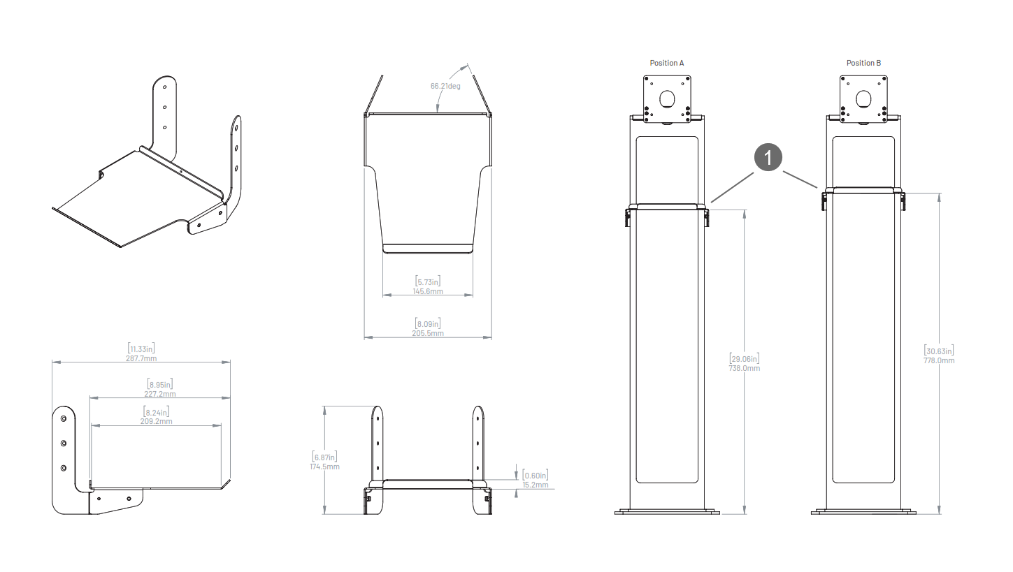Diagramme de l’étagère pour imprimante du support au sol pour la borne en libre-service de ClearID indiquant ses dimensions.