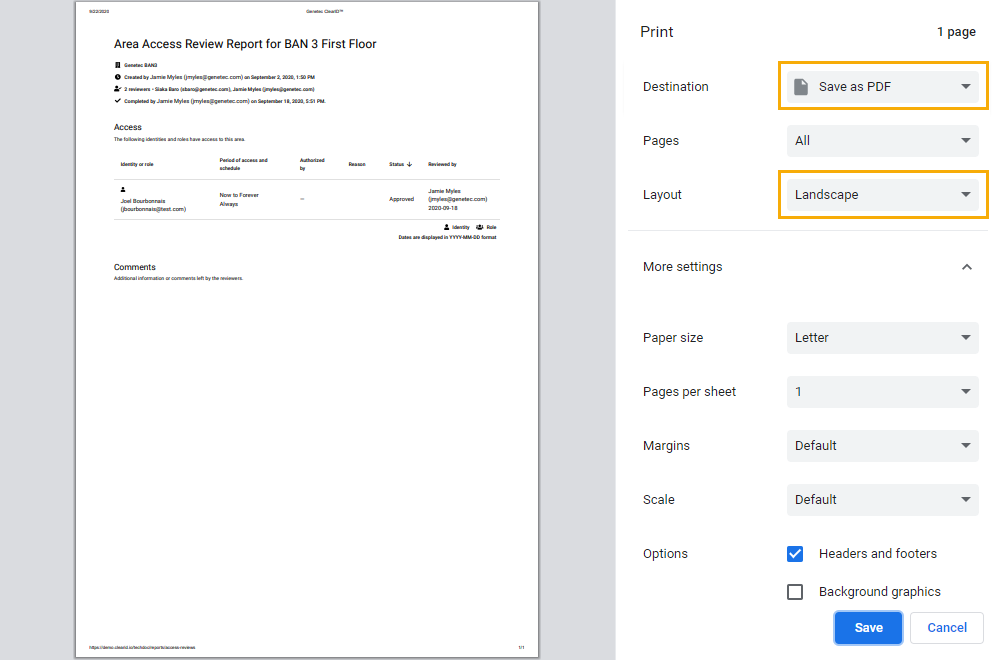 Résumé d’examens d’accès généré à partir d’un examen d’accès complet dans Genetec ClearID™.