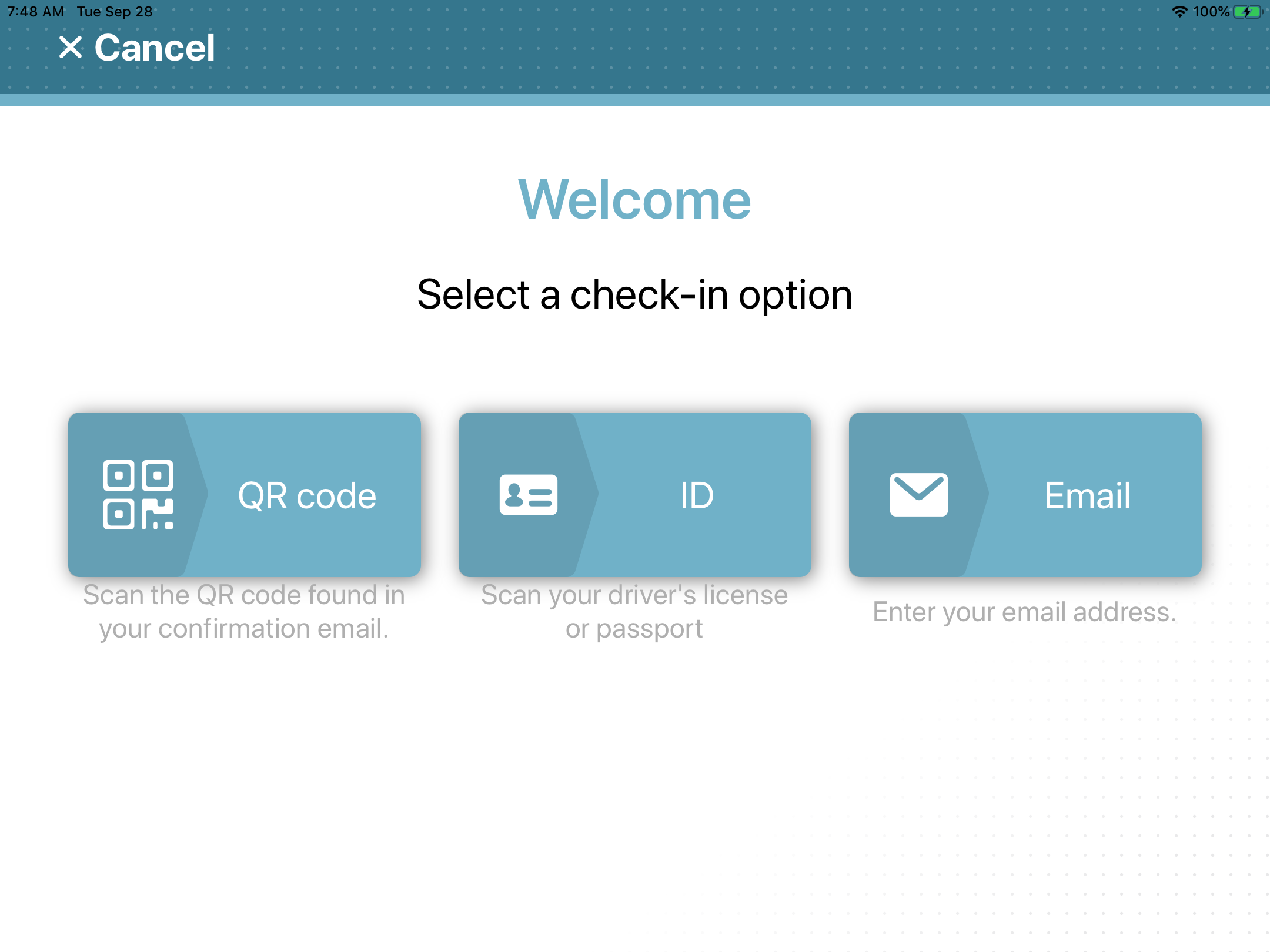 Page de bienvenue dans Genetec™ ClearID Self-Service Kiosk affichant trois options d'inscription.