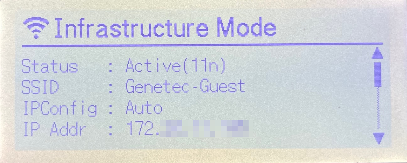 Écran LCD de l’imprimante d'étiquettes Brother TD-4550DNWB affichant le menu mode Infrastructure et les détails et l’état de la connexion.