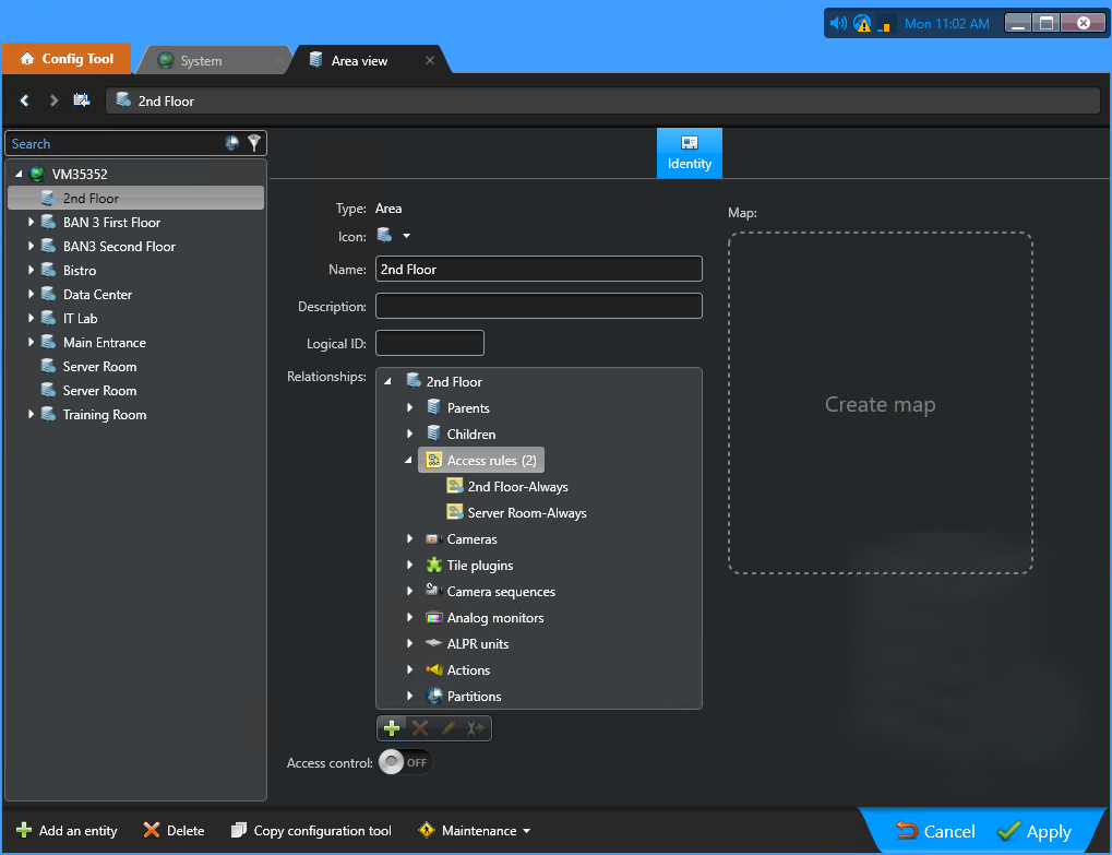 Vue secteur dans Config Tool affichant deux exemples d'imbrications de secteurs.